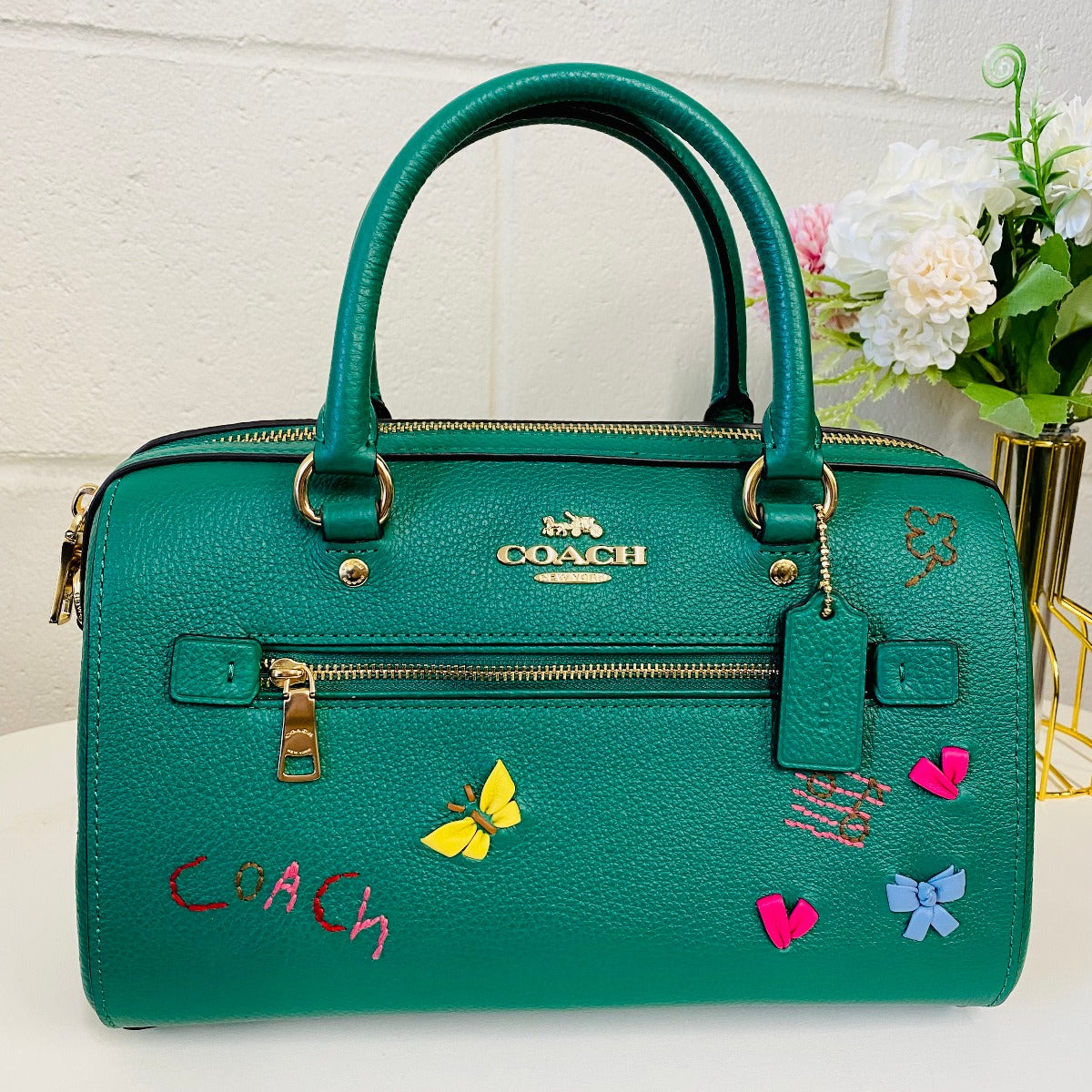 Coach C8280 Rowan Satchel With Diary Embroidery In Green Multi Coach C8280 Rowan Satchel With Diary Embroidery In Green Multi